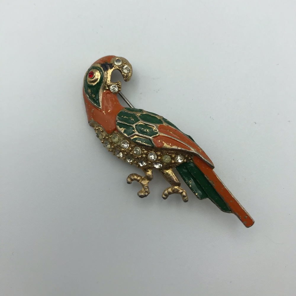 Vintage Parrot Rhinestone Enamel Brooch